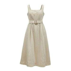 Vintage Washed A-Line Denim Belted High Waist Cami Midi Dress