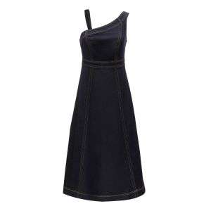 Women's Asymmetrical Shoulder Strap Long Denim Dress