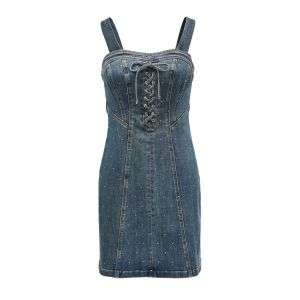 Rhinestone Lace-Up Denim Cami Mini Dress