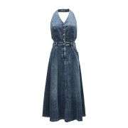 Deep V-Neck Halter Denim Midi Dress