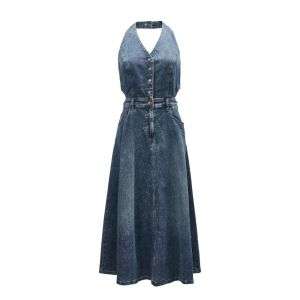 Deep V-Neck Halter Denim Midi Dress