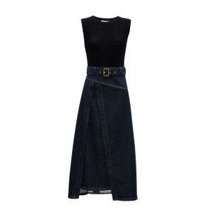 Women's Knit & Denim Patchwork Slim-Fit Maxi Dress