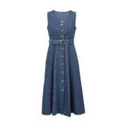 Women’s V-Neck Sleeveless Denim Midi Dress with Belt