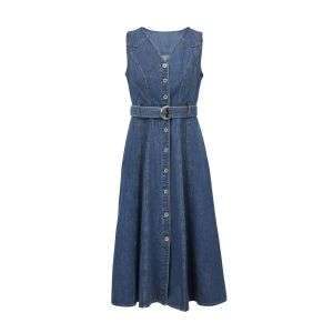Women's V-Neck Sleeveless Denim Midi Dress with Belt
