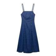 Square Neck Sleeveless A-Line Cami Sundress Denim Midi Dress