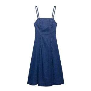 Square Neck Sleeveless A-Line Cami Sundress Denim Midi Dress