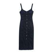 Dark Wash Button-Front Sweetheart Neck Bodycon Sleeveless Denim Midi Dress
