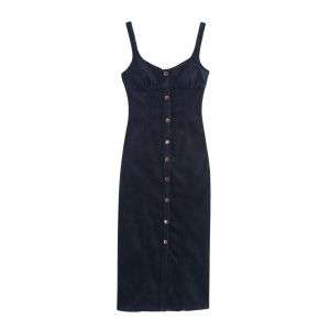 Dark Wash Button-Front Sweetheart Neck Bodycon Sleeveless Denim Midi Dress