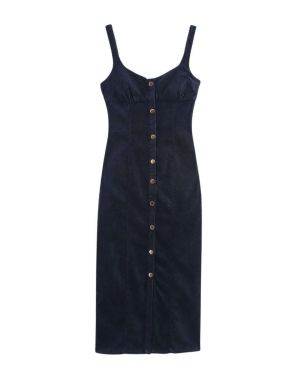 Dark Wash Button-Front Sweetheart Neck Bodycon Sleeveless Denim Midi Dress – XX11638060
