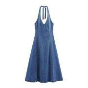 Tie-Back Halter Flared A-Line Sleeveless Denim Midi Dress