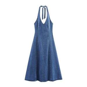 Tie-Back Halter Flared A-Line Sleeveless Denim Midi Dress