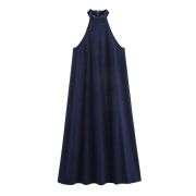 Dark Wash High Neck Halter Flowy Loose Fit Denim Maxi Dress