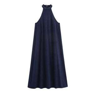 Dark Wash High Neck Halter Flowy Loose Fit Denim Maxi Dress