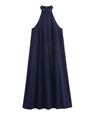 Dark Wash High Neck Halter Flowy Loose Fit Denim Maxi Dress – XX11811060