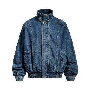 Vintage Washed Denim Stand Collar Patchwork Design Jacket