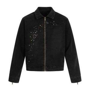 Men's Watercolor Rhinestone Washed Cropped Loose Denim Jacket