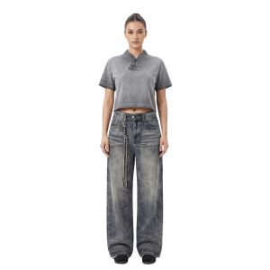Inside-Out Tumble Washed Qipao Collar Short Sleeve Cropped T-Shirt