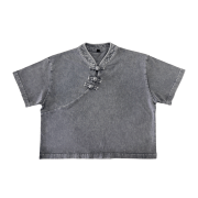 Snow Washed Qipao Collar Short Sleeve Cropped T-Shirt