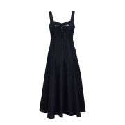 Square-Neck Denim Cami Dress With Wide Skirt Cut and Waistband