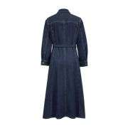 Retro Button Front Cotton Belted A Line Collar Denim Dress
