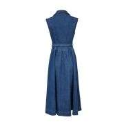 Vintage Sleeveless Belted Collar Gold Button Front Denim Maxi Dress