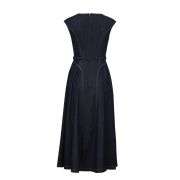 A Line Sleeveless Belted Rayon Blend With Side Pockets Denim Dress