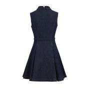 Retro A Line Button Front Collar Neckline With Belted Denim Dress