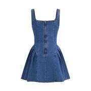 High Stretch Denim Scoop Neckline Ruffle Mini Dress
