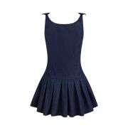 Denim U-neckline Pleated Bowknot Mini Dress For Daily Casual