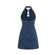 Stretch Denim Mandarin Collar Solid Cut Out Mini Dress For Daily Casual