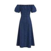 Stretch Denim Off-Shoulder A-line Ruffle Puff Sleeve Maxi Dress For Daily Casual