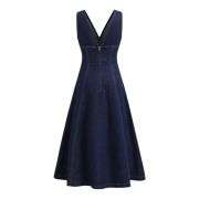 Stretch Denim V-Neck Flared Pockets Maxi Dress