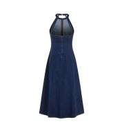 Stretch Washed Denim Halter Neck A-line Maxi Dress For Daily Casual