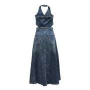 Women’s Deep V-Neck Halter Denim Midi Dress