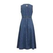 Women’s V-Neck Sleeveless Denim Midi Dress with Belt