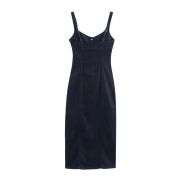 Dark Wash Button-Front Sweetheart Neck Bodycon Sleeveless Denim Midi Dress