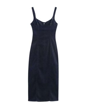 Dark Wash Button-Front Sweetheart Neck Bodycon Sleeveless Denim Midi Dress – XX11638060