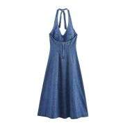 Tie-Back Halter Flared A-Line Sleeveless Denim Midi Dress