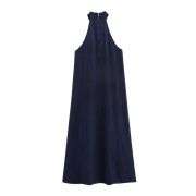 Dark Wash High Neck Halter Flowy Loose Fit Denim Maxi Dress