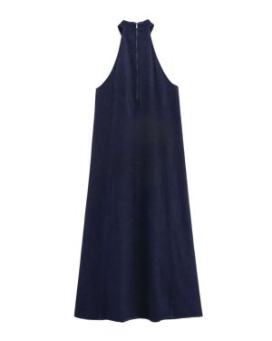 Dark Wash High Neck Halter Flowy Loose Fit Denim Maxi Dress – XX11811060