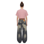 Snow Washed Raglan Sleeve Round Neck Cropped T-Shirt