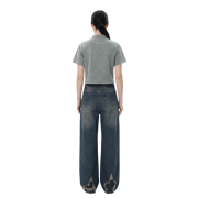 Snow Washed Qipao Collar Short Sleeve Cropped T-Shirt