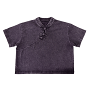 Snow Washed Qipao Collar Short Sleeve Cropped T-Shirt