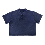 Snow Washed Qipao Collar Short Sleeve Cropped T-Shirt