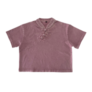 Snow Washed Qipao Collar Short Sleeve Cropped T-Shirt