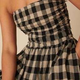Checkered print strapless maxi dress with concealed side pockets