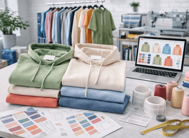Hoodie manufacturing cost guide, covering fabric choice, color customization & bulk production pricing for brands.