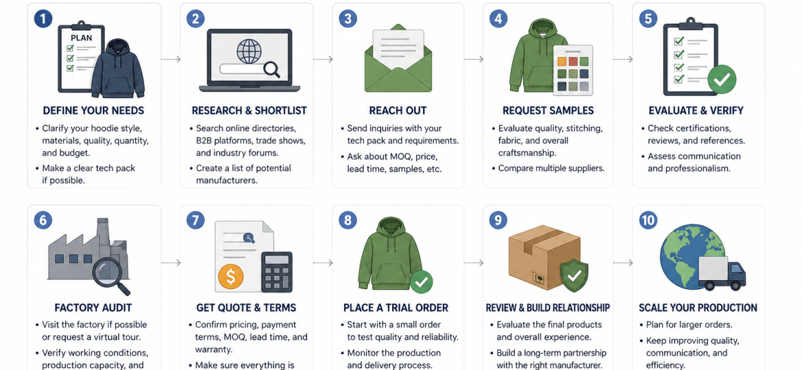 A step-by-step guide to source the right manufacturing partner for your hoodie brand.