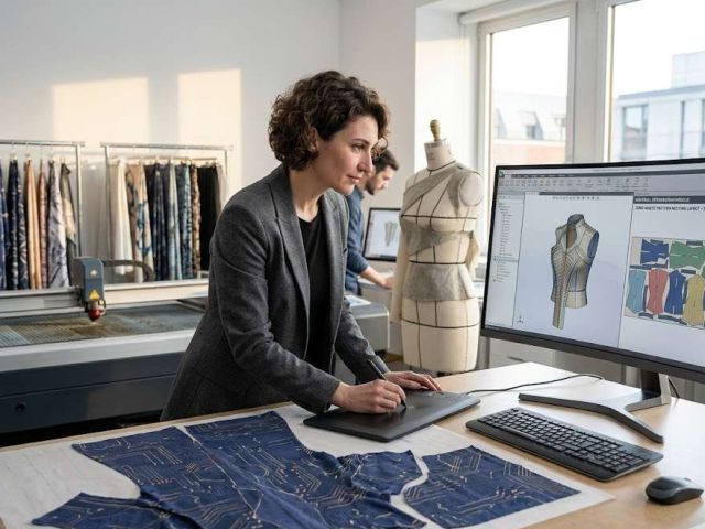Fashion designer creating custom maxi dress sketches and technical specifications