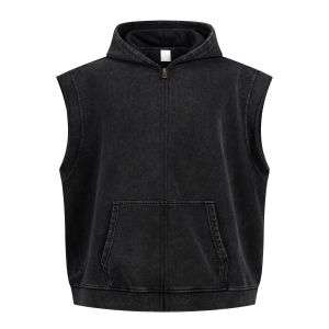 Vintage washed distressed zip hoodie vest with sleeveless design